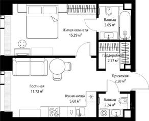 ЖК «Veer», планировка 1-комнатной квартиры, 43.56 м²