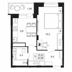 ЖК «Времена года», планировка 1-комнатной квартиры, 40.88 м²