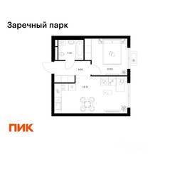ЖК «Заречный парк», планировка 1-комнатной квартиры, 37.73 м²
