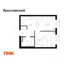 ЖК «Ярославский», планировка 1-комнатной квартиры, 33.80 м²