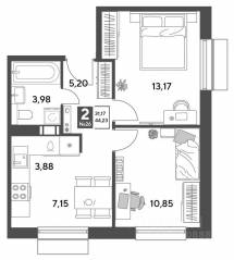 ЖК Арт-квартал «Публицист», планировка 2-комнатной квартиры, 44.23 м²