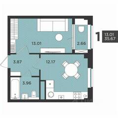 МЖК «Новокасимово», планировка 1-комнатной квартиры, 35.67 м²