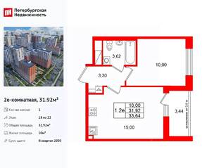ЖК «Город звезд», планировка 1-комнатной квартиры, 31.92 м²