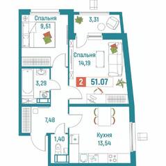 ЖК «Графика», планировка 2-комнатной квартиры, 51.07 м²