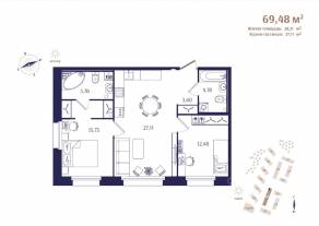 ЖК «Ranta Residence», планировка 2-комнатной квартиры, 69.48 м²