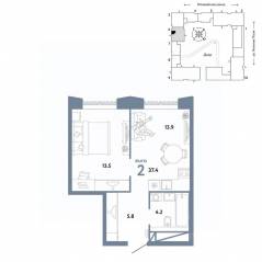 ЖК «Страна.Заречная», планировка 2-комнатной квартиры, 37.40 м²