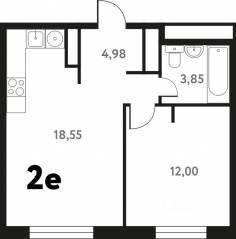 ЖК «Южное Пушкино», планировка 2-комнатной квартиры, 39.48 м²