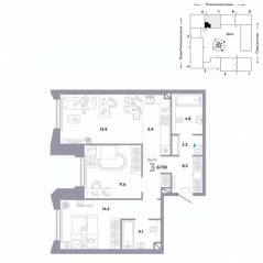 ЖК «Страна.Озерная», планировка 3-комнатной квартиры, 67.90 м²