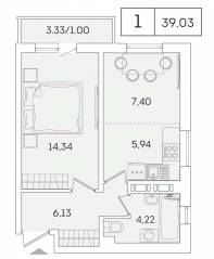 ЖК «Lampo», планировка 1-комнатной квартиры, 37.90 м²