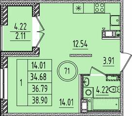 МЖК «Образцовый квартал 14», планировка 1-комнатной квартиры, 34.68 м²