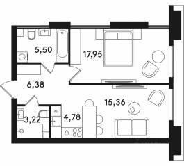 ЖК «Solos», планировка 1-комнатной квартиры, 53.19 м²