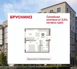ЖК «Брусника в Новоселье», планировка 1-комнатной квартиры, 43.06 м²
