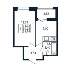 ЖК «Полис Новоселье», планировка 1-комнатной квартиры, 31.86 м²