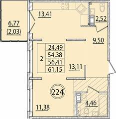 МЖК «Образцовый квартал 15», планировка 2-комнатной квартиры, 54.38 м²