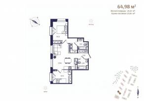 ЖК «Ranta Residence», планировка 2-комнатной квартиры, 64.98 м²