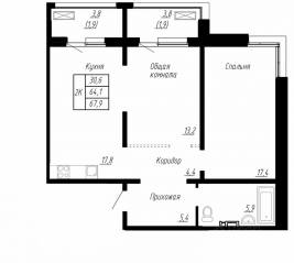 ЖК «Сибирь», планировка 2-комнатной квартиры, 67.90 м²