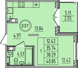 МЖК «Образцовый квартал 14», планировка 1-комнатной квартиры, 35.74 м²