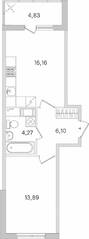 ЖК «Ясно. Янино», планировка 1-комнатной квартиры, 42.84 м²