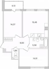 ЖК «Ясно. Янино», планировка 2-комнатной квартиры, 66.76 м²