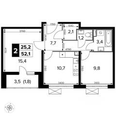 ЖК «Южная Битца», планировка 2-комнатной квартиры, 52.60 м²
