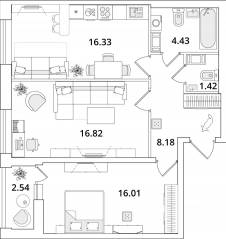 ЖК «Cube», планировка 2-комнатной квартиры, 64.50 м²
