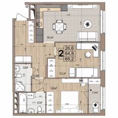 ЖК «Гранд Комфорт», планировка 2-комнатной квартиры, 68.20 м²