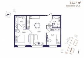 ЖК «Ranta Residence», планировка 2-комнатной квартиры, 66.77 м²