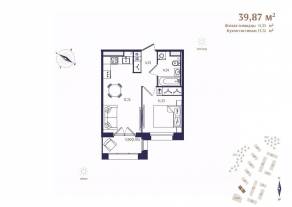 ЖК «Ranta Residence», планировка 1-комнатной квартиры, 39.87 м²