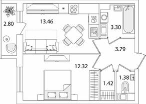 ЖК «Кинопарк», планировка 1-комнатной квартиры, 37.07 м²