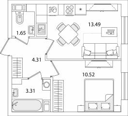 ЖК «Кинопарк», планировка 1-комнатной квартиры, 33.28 м²