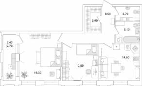 ЖК «Тайм Сквер», планировка 2-комнатной квартиры, 69.10 м²