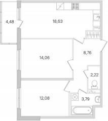 ЖК «Ясно. Янино», планировка 2-комнатной квартиры, 60.88 м²