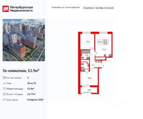 ЖК «Город звезд», планировка 2-комнатной квартиры, 52.90 м²