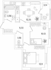 ЖК «Гранат», планировка 2-комнатной квартиры, 51.67 м²
