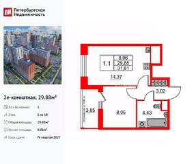 ЖК «Город звезд», планировка 1-комнатной квартиры, 29.88 м²