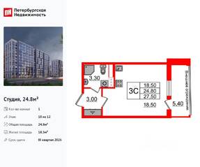 ЖК «Бионика Заповедная», планировка студии, 24.80 м²