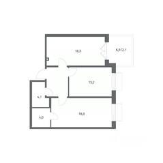 ЖК «Парусная 1», планировка 2-комнатной квартиры, 67.00 м²