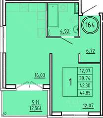 МЖК «Образцовый квартал 16», планировка 1-комнатной квартиры, 39.74 м²