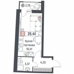 ЖК «Авиатор» (Девяткино), планировка студии, 25.41 м²