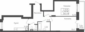 ЖК «Зеленый Оазис-Город», планировка 2-комнатной квартиры, 62.49 м²