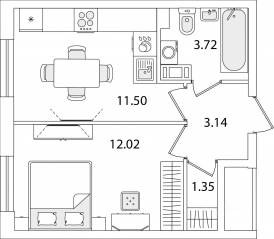 ЖК «Кинопарк», планировка 1-комнатной квартиры, 31.73 м²