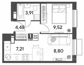 ЖК Арт-квартал «Публицист», планировка 1-комнатной квартиры, 33.92 м²