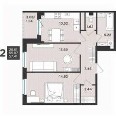 МЖК «Новокасимово», планировка 2-комнатной квартиры, 57.41 м²
