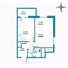 ЖК «Левитан», планировка 1-комнатной квартиры, 41.61 м²