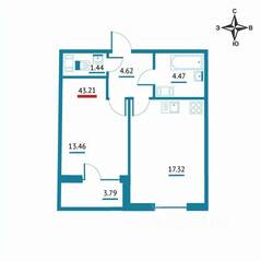 ЖК «Левитан», планировка 1-комнатной квартиры, 43.21 м²