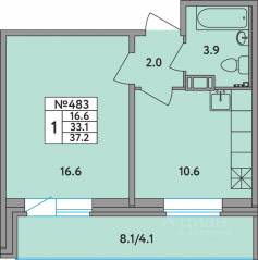 ЖК «Удача», планировка 1-комнатной квартиры, 37.20 м²