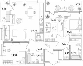 ЖК «Cube», планировка 3-комнатной квартиры, 102.40 м²