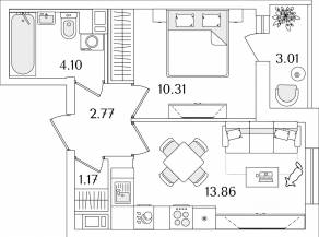 ЖК «Кинопарк», планировка 1-комнатной квартиры, 33.72 м²
