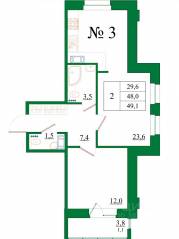 ЖК «Орловский бульвар», планировка 2-комнатной квартиры, 49.10 м²