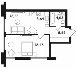 ЖК «Solos», планировка 1-комнатной квартиры, 47.03 м²